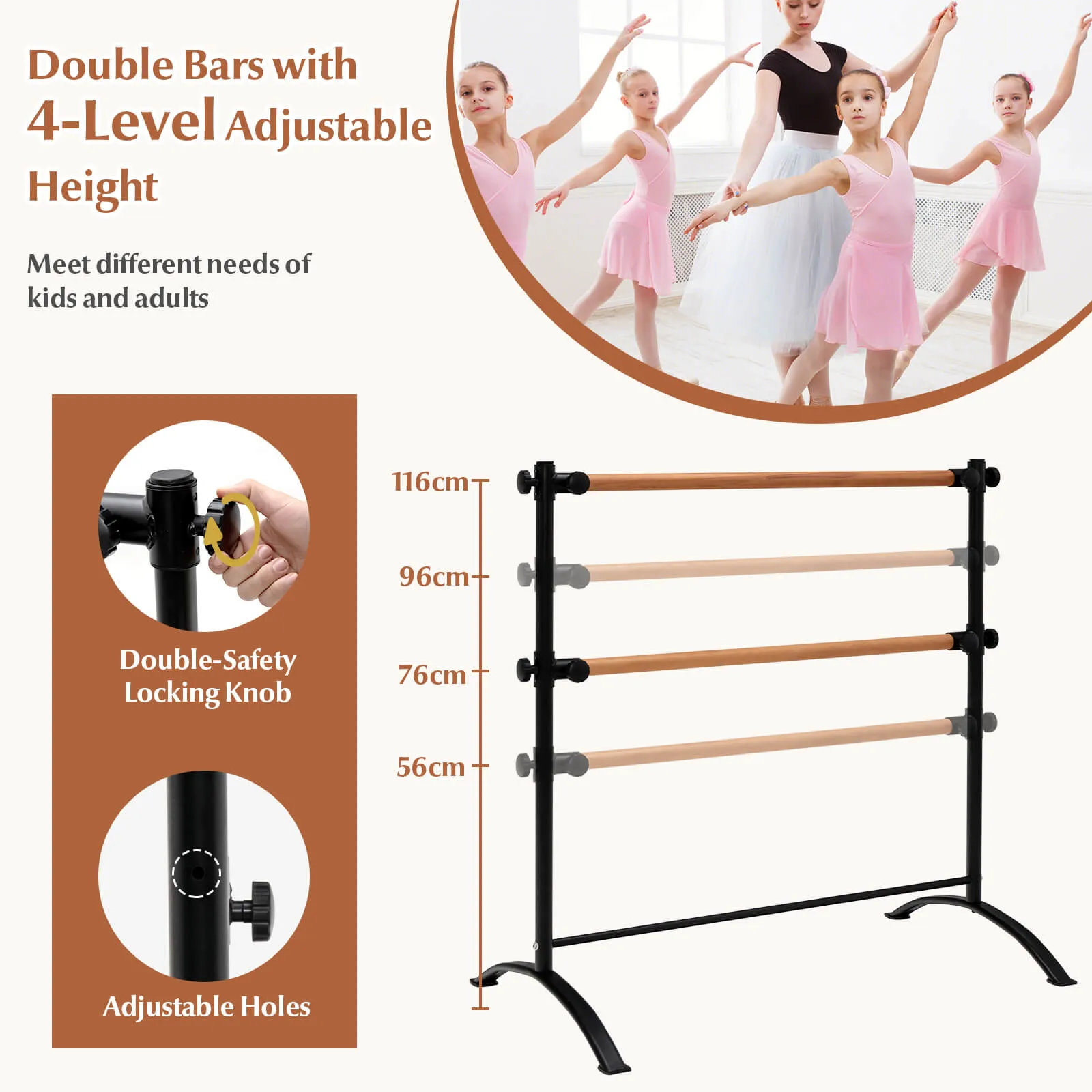 4 Feet Freestanding Ballet Barre with Height Adjustable-Black