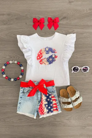 American Kiss Ruffle Denim Short Set