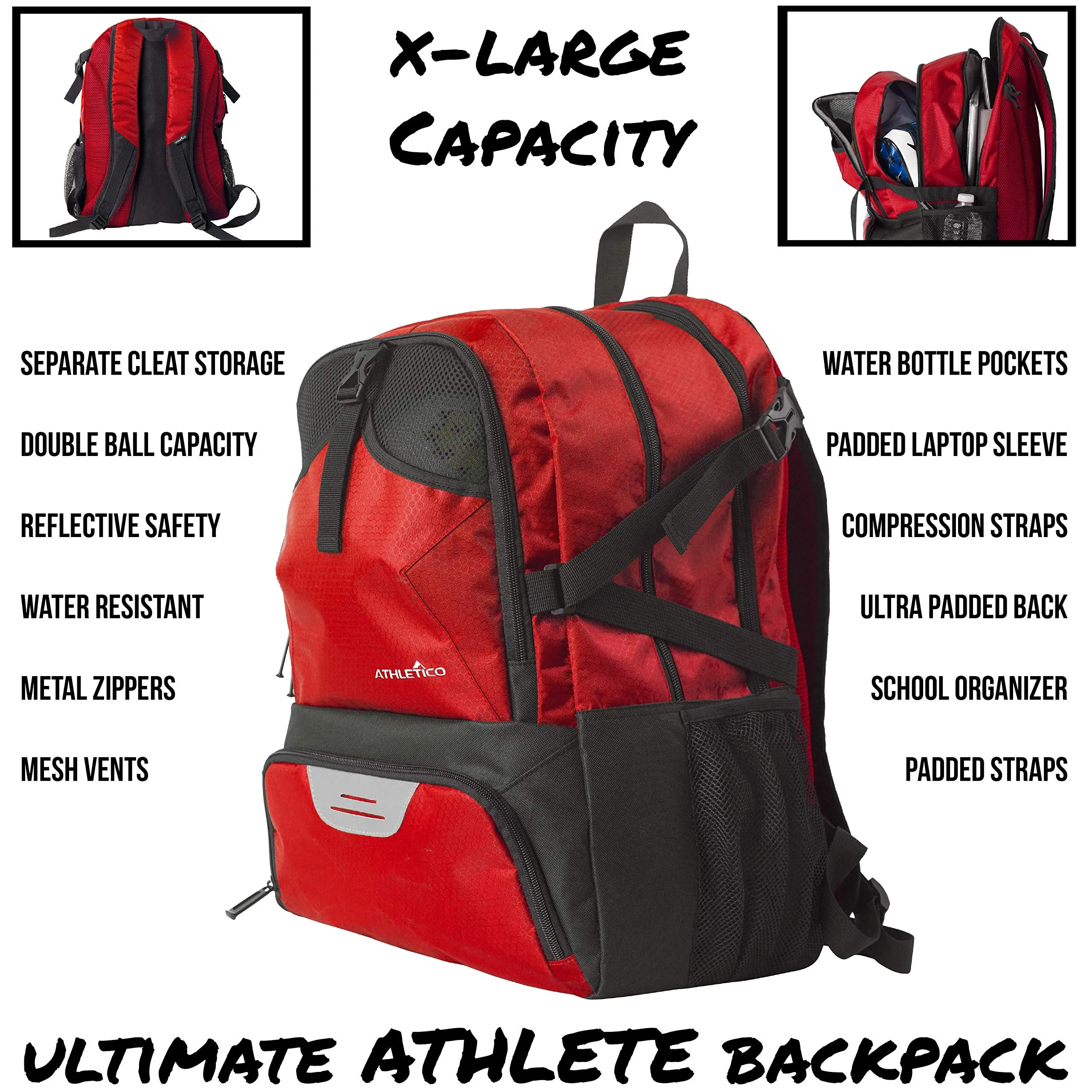 Athletico National Soccer Bag - Backpack for Soccer, Basketball & Football Includes Separate Cleat and Ball Holder (Red)