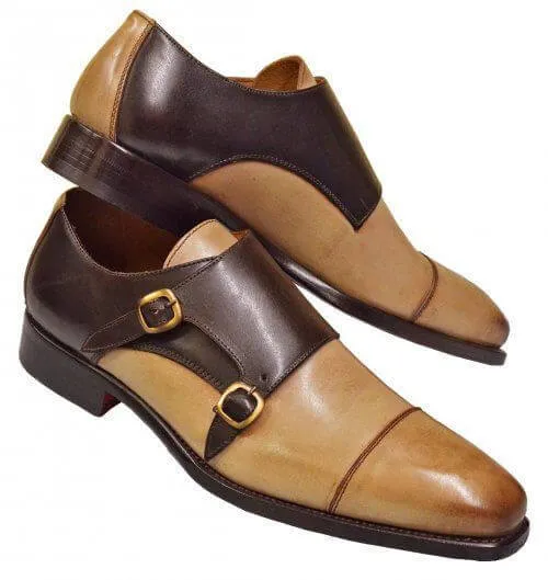 Bespoke Two Tone Cap Toe Monk Straps Leather Shoe, Men Shoes,Dress Shoes