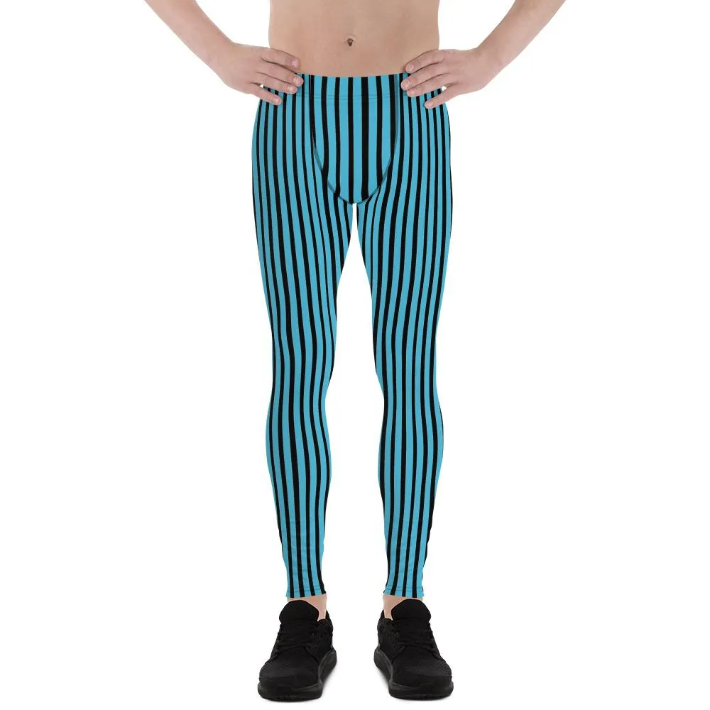 Blue Black Striped Meggings, Vertical Stripe Premium Men's Leggings Running Sports Tights- Made in USA/EU