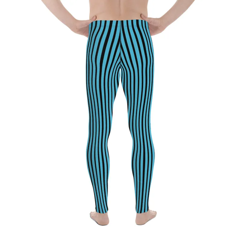 Blue Black Striped Meggings, Vertical Stripe Premium Men's Leggings Running Sports Tights- Made in USA/EU