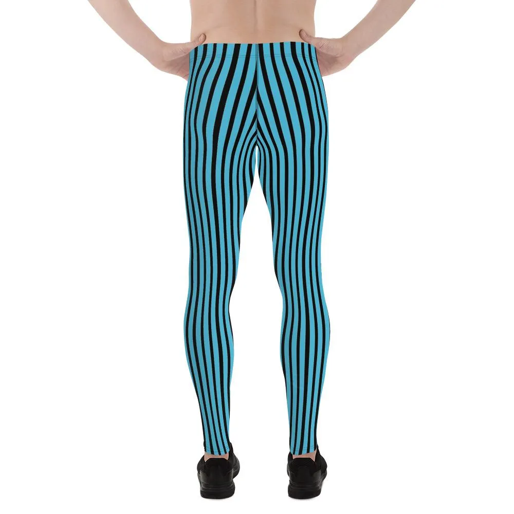 Blue Black Striped Meggings, Vertical Stripe Premium Men's Leggings Running Sports Tights- Made in USA/EU