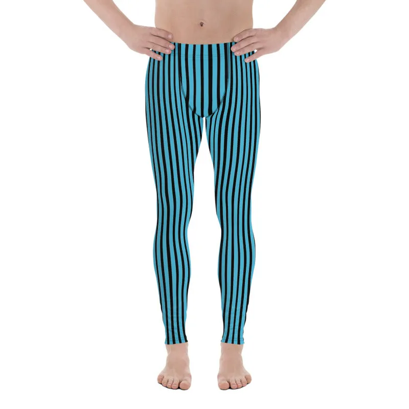 Blue Black Striped Meggings, Vertical Stripe Premium Men's Leggings Running Sports Tights- Made in USA/EU