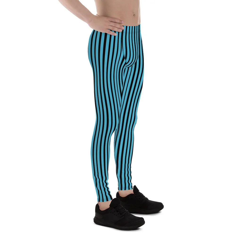 Blue Black Striped Meggings, Vertical Stripe Premium Men's Leggings Running Sports Tights- Made in USA/EU