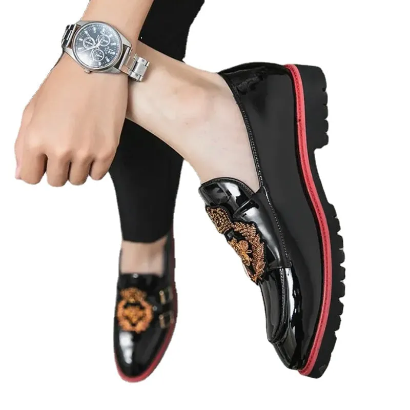 Buckle Strap Crown Embroidery Shiny Loafers