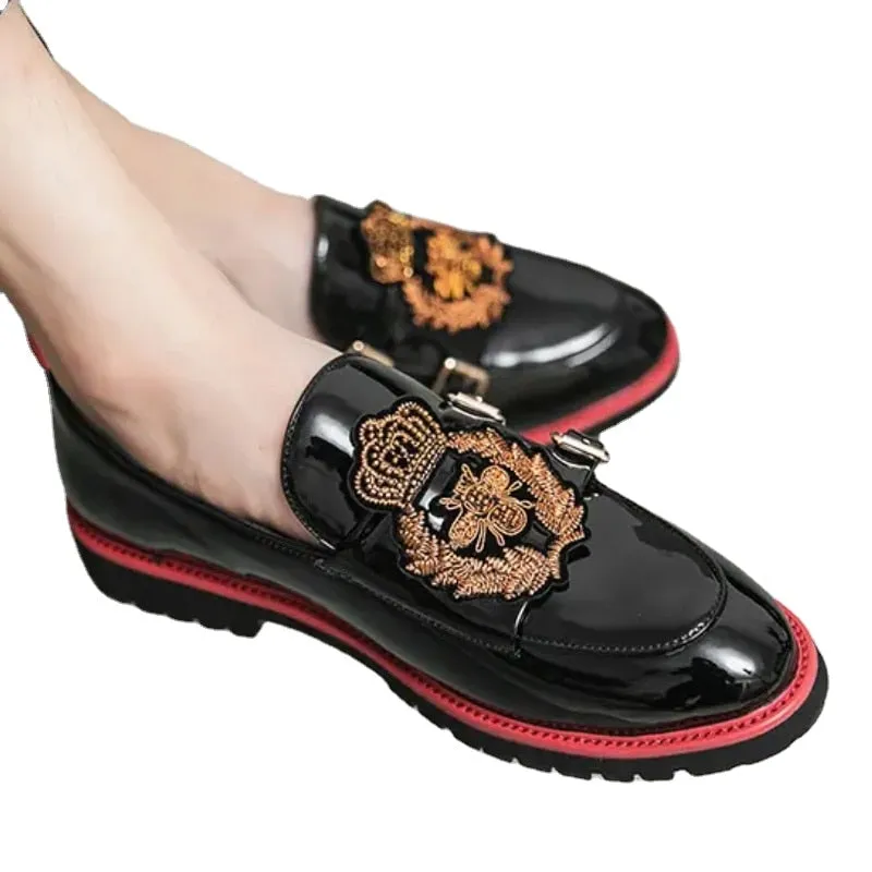 Buckle Strap Crown Embroidery Shiny Loafers