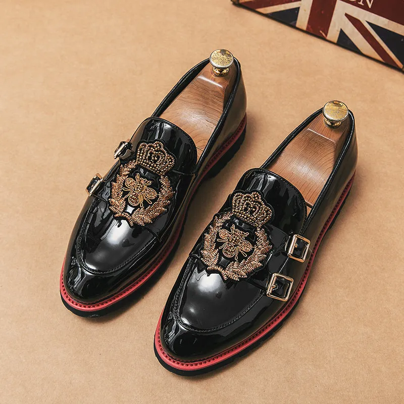 Buckle Strap Crown Embroidery Shiny Loafers