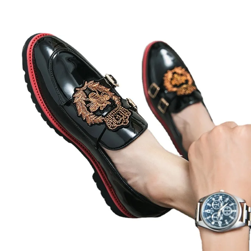 Buckle Strap Crown Embroidery Shiny Loafers