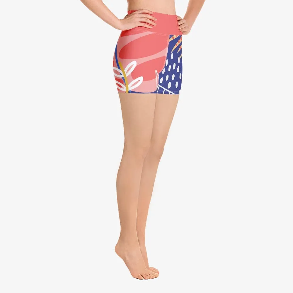 Floral Yoga Shorts "Tropics" Coral/Blue