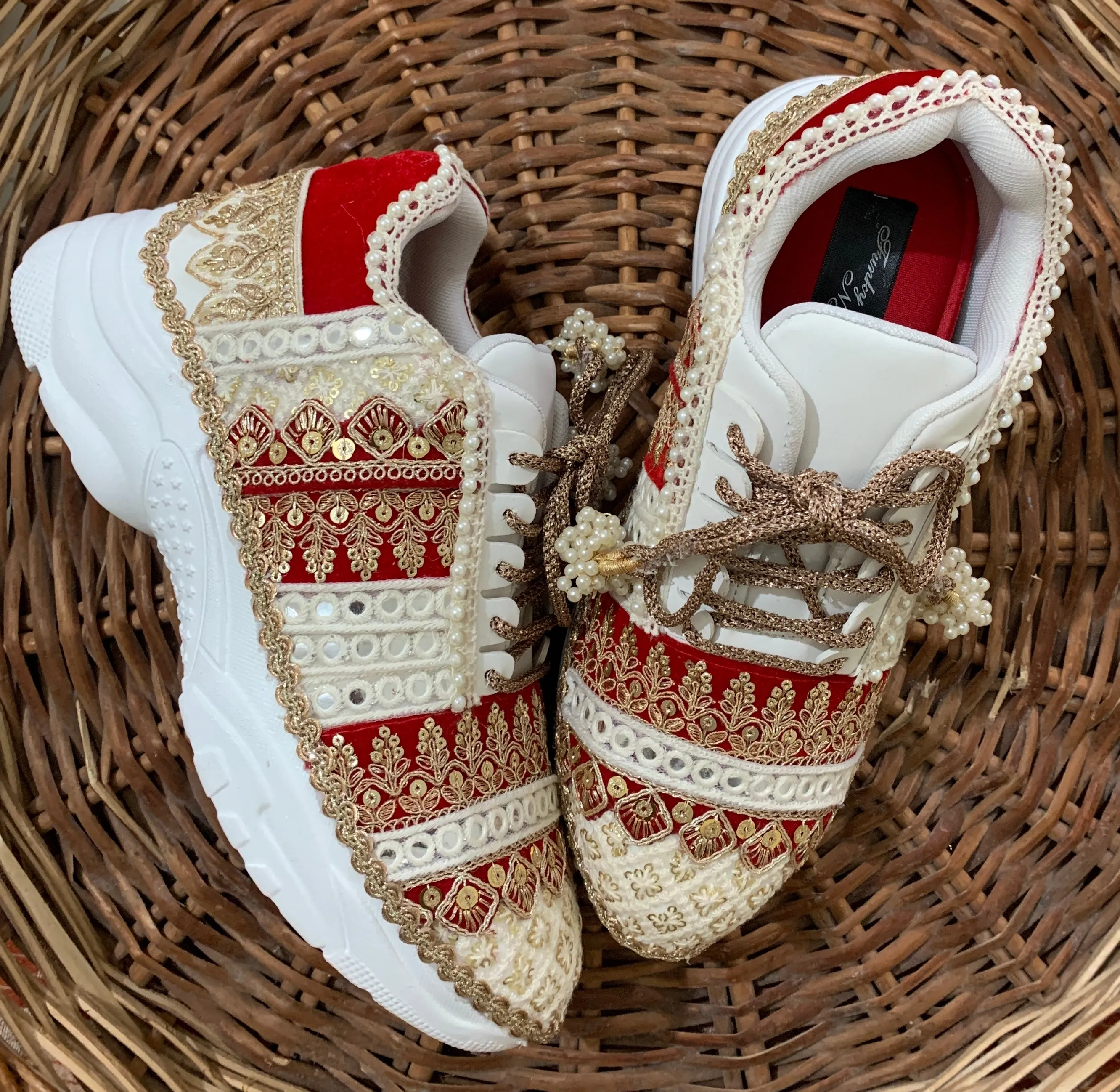 Funky N Trendy ivory and red embroidery work bridal sneakers/ bridesmaid sneaker / golden sneakers