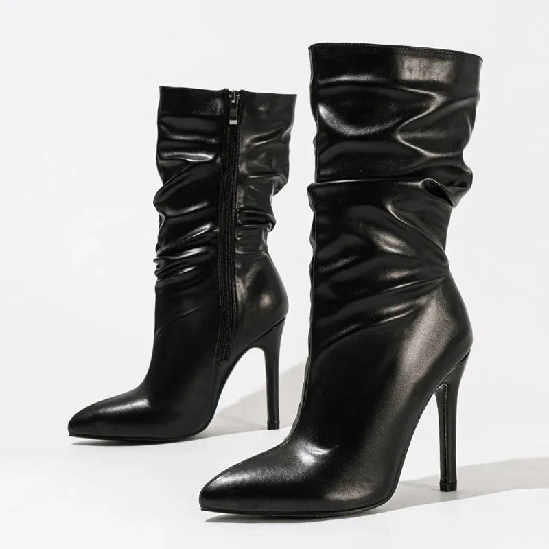 High Quality Solid Black Pleated faux Leather Boots