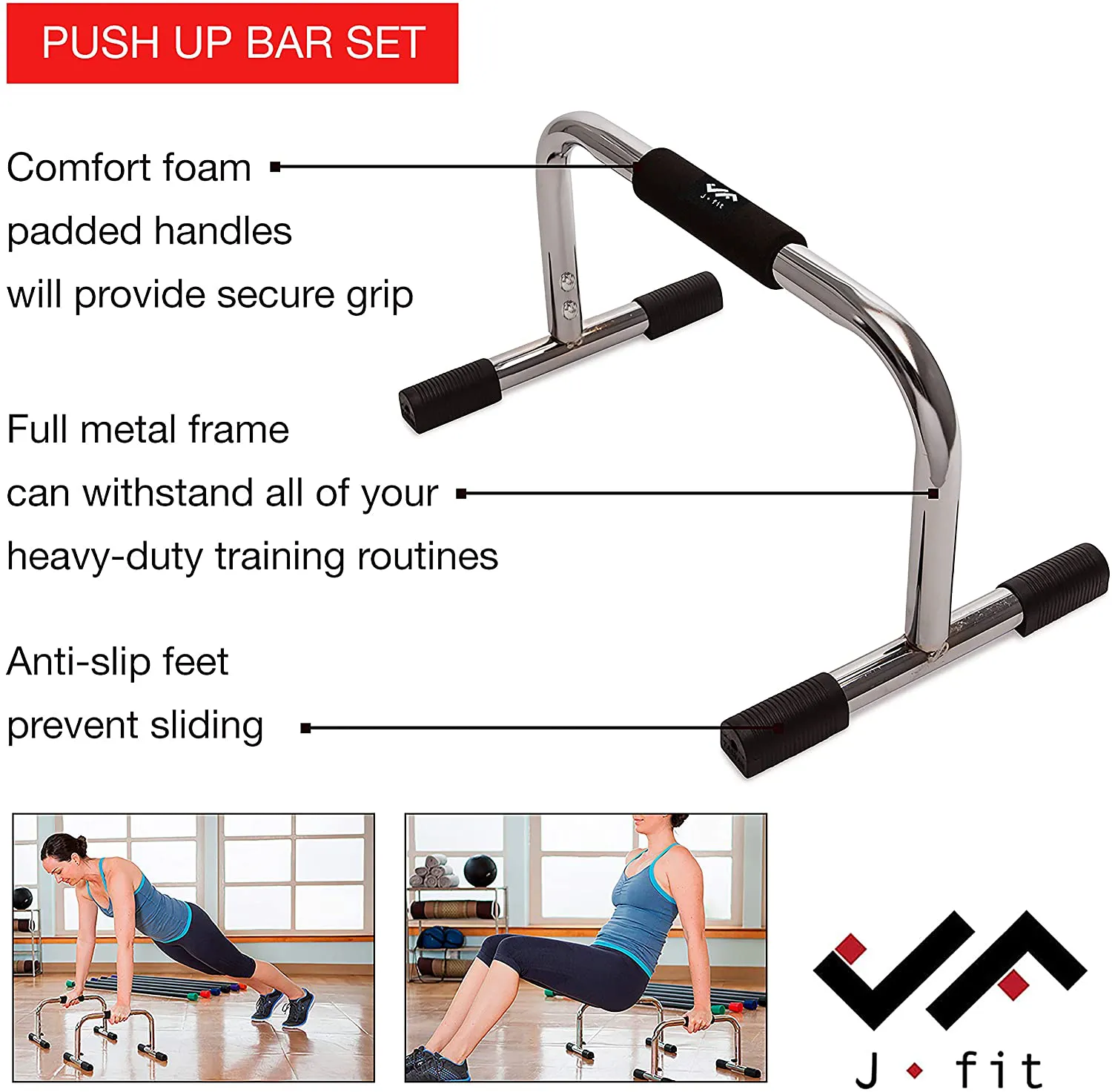 JFIT Pro Push Up Bar Stand, Set of 2 Bars - 9" or 11" Options - Durable Metal Fitness Equipment and Padded Handles for Secure Grip, Non Skid Feet Elevated Bar for Enhanced Push Ups