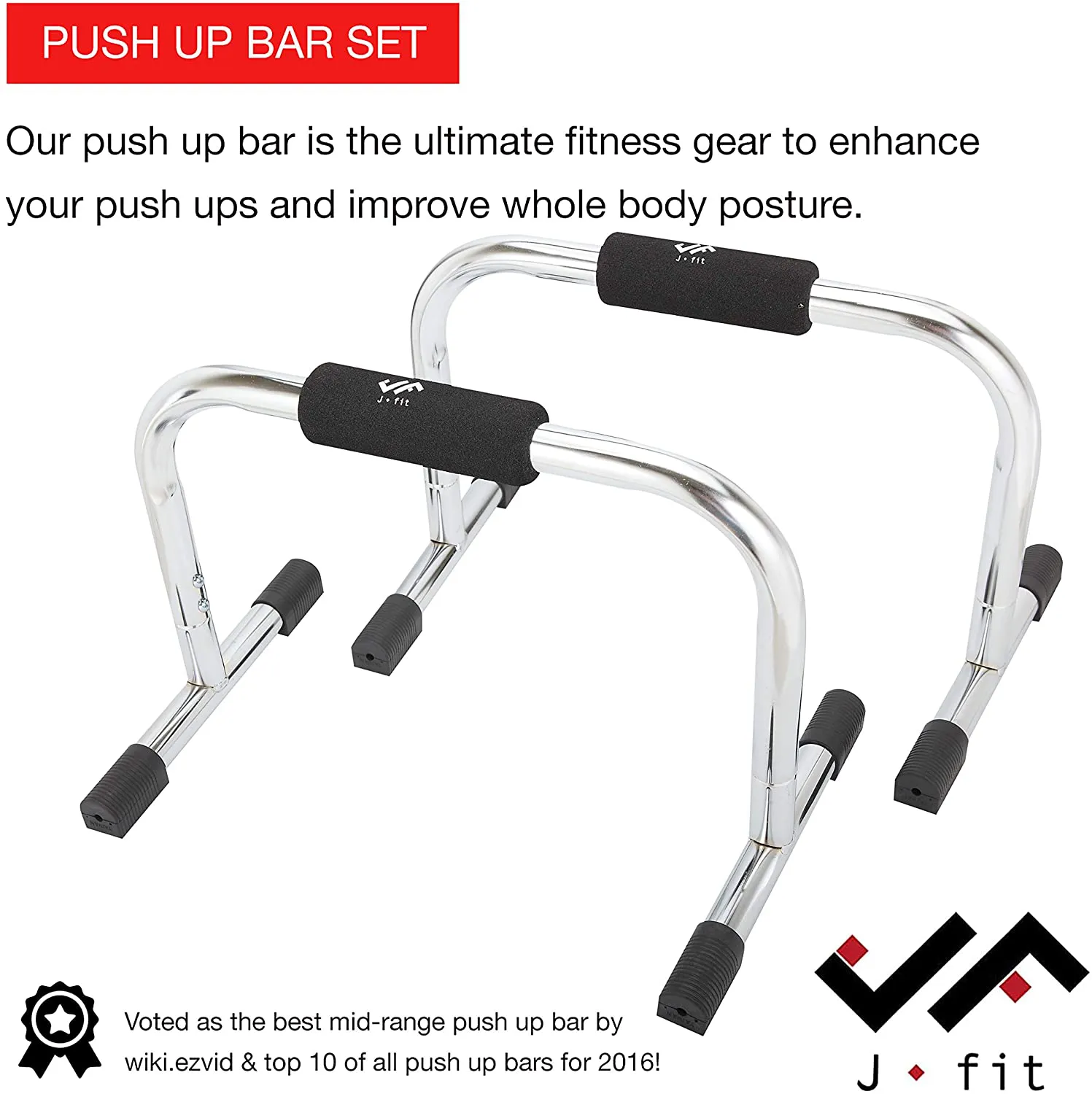 JFIT Pro Push Up Bar Stand, Set of 2 Bars - 9" or 11" Options - Durable Metal Fitness Equipment and Padded Handles for Secure Grip, Non Skid Feet Elevated Bar for Enhanced Push Ups