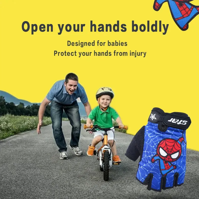 Kids Bike Gloves Half Finger Sport Running Overlock Sewing Anti-Slip Stretch Cycling Boy Girl Gloves For Childre Cartoon For Boy