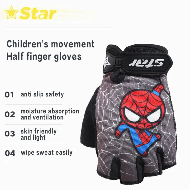 Kids Bike Gloves Half Finger Sport Running Overlock Sewing Anti-Slip Stretch Cycling Boy Girl Gloves For Childre Cartoon For Boy