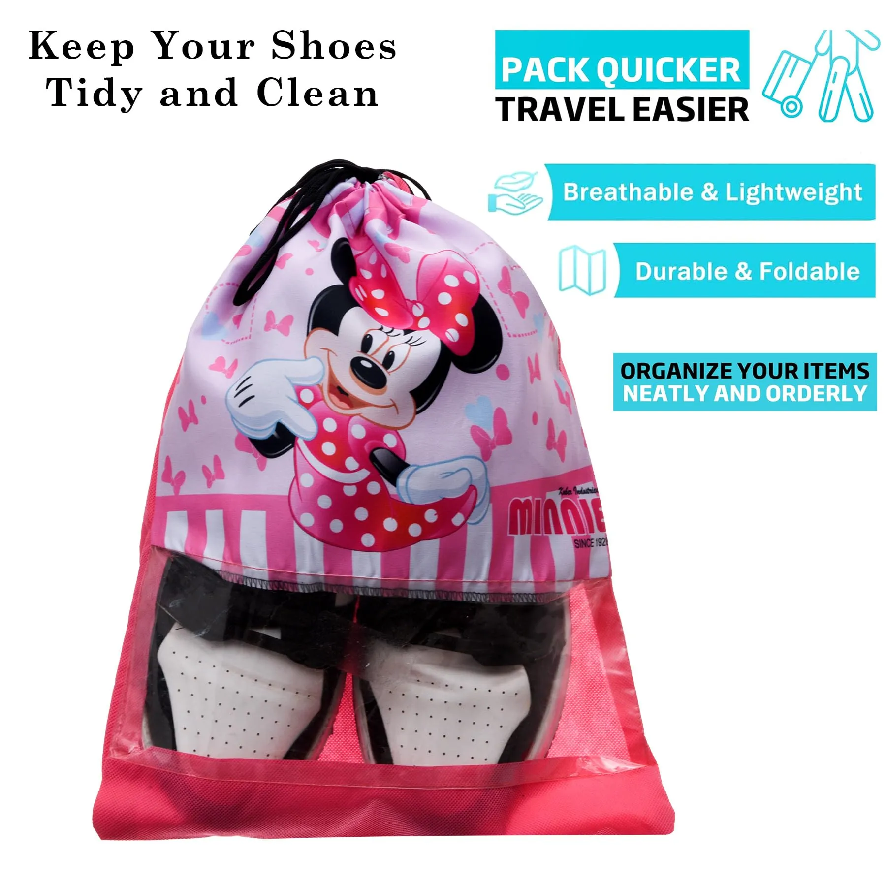 Kuber Industries Disney Minnie Shoe Cover | Travel Shoe Storage Bags | Polyester Storage Bag | Drawstring Shoe Cover | Shoe Organizer with Clear Window | Pack of 6 | Pink