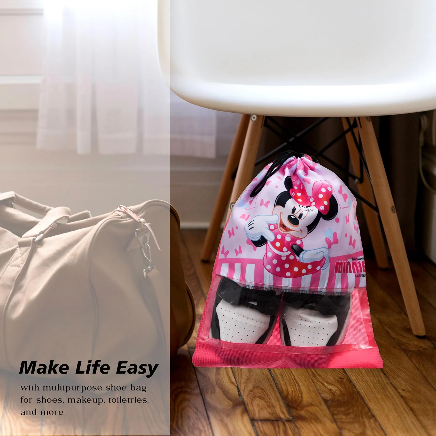 Kuber Industries Disney Minnie Shoe Cover | Travel Shoe Storage Bags | Polyester Storage Bag | Drawstring Shoe Cover | Shoe Organizer with Clear Window | Pack of 6 | Pink