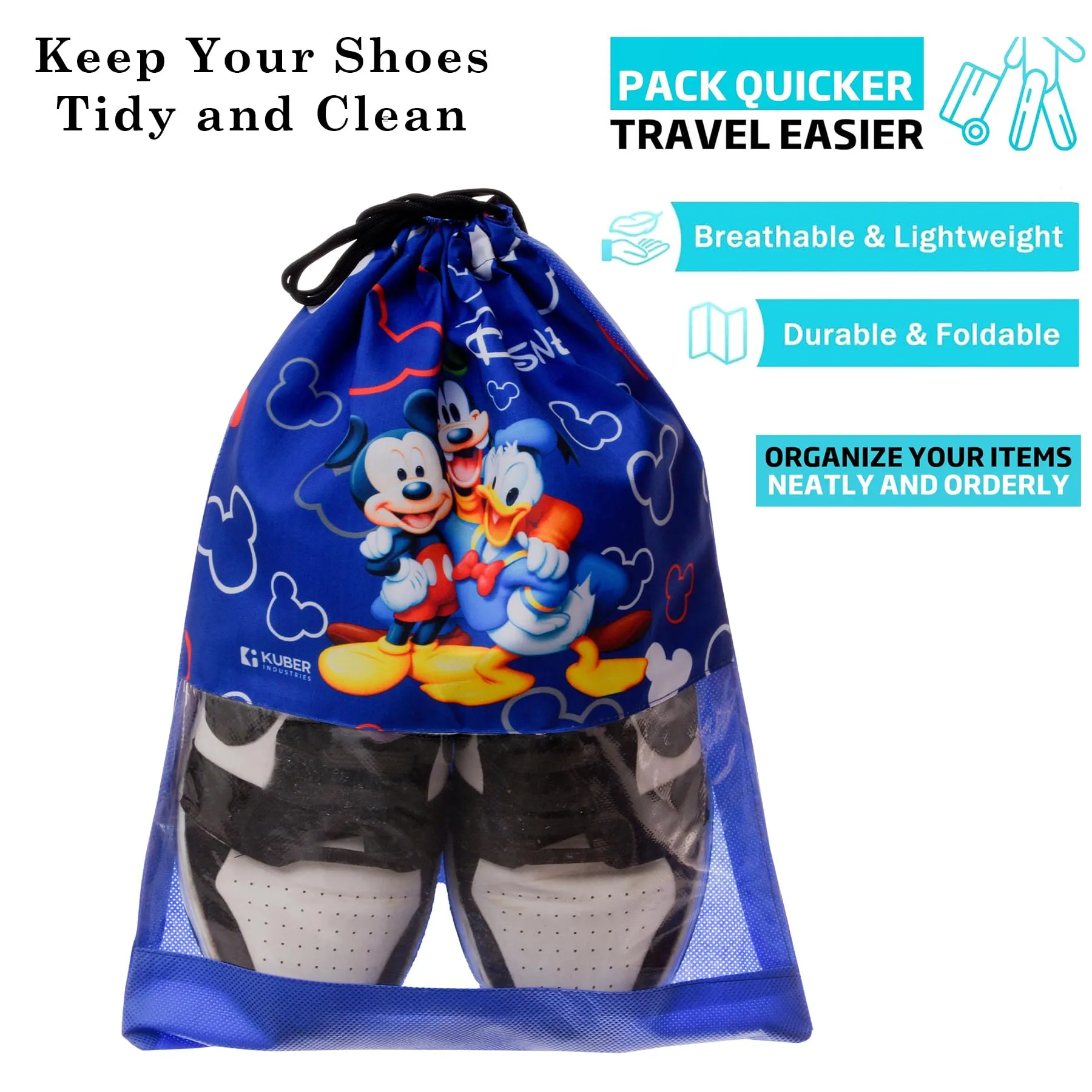 Kuber Industries Disney Team Mickey Shoe Cover | Travel Shoe Storage Bags | Polyester Storage Bag | Drawstring Shoe Cover | Shoe Organizer with Clear Window | Pack of 18 | Blue