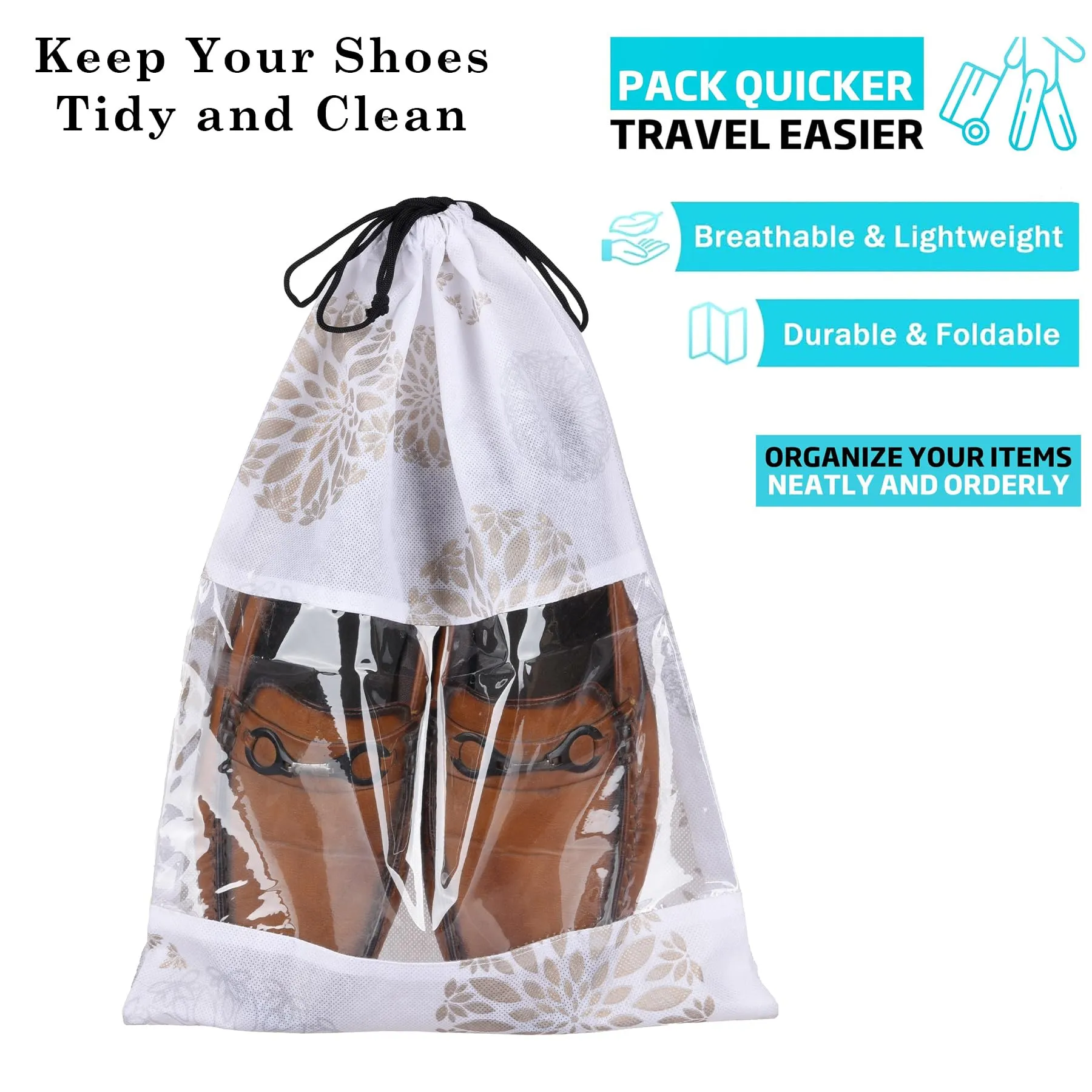 Kuber Industries Shoe Bags | Shoe Bags for Travel | Drawstring Shoe Storage Bags | Storage Organizers Set | Shoe Cover with Transparent Window | Shoe Pouches | Gola-Print | Pack of 6 | White