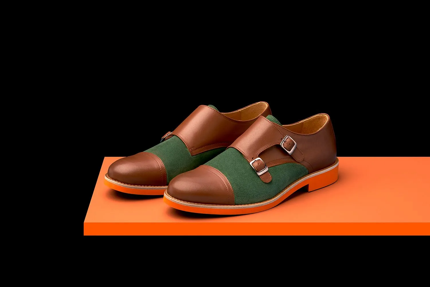 Mens Brown & Green Leather Double Monk Strap Dress Shoes