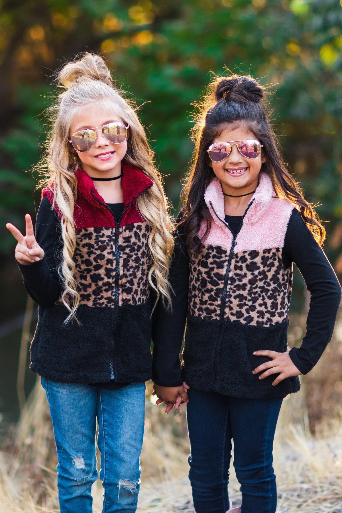 Mom & Me - Sherpa Vest - Burgundy/Cheetah