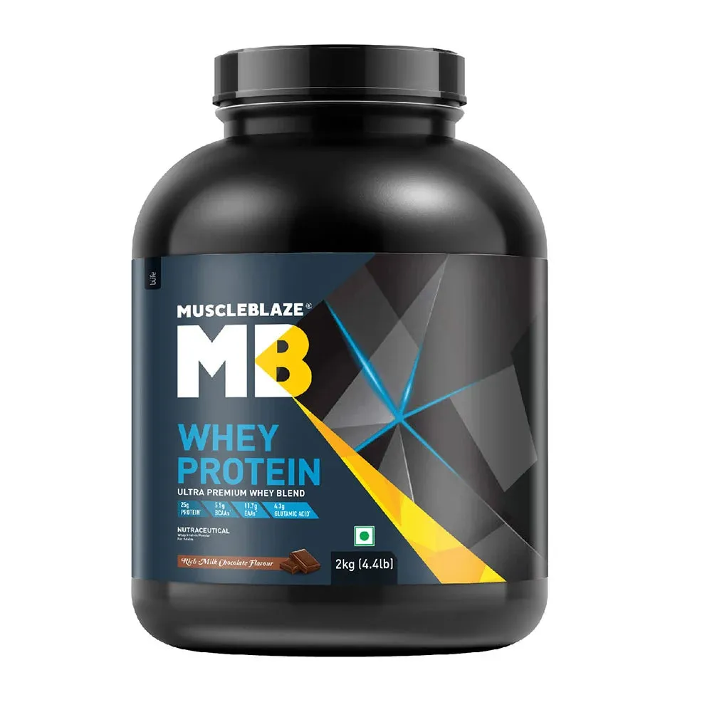 MuscleBlaze 100% Whey Protein Supplement Powder with Digestive Enzyme, 2 kg (4.4 lb), 57 Servings (Rich Milk Chocolate)