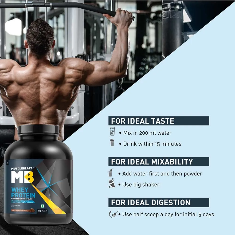 MuscleBlaze 100% Whey Protein Supplement Powder with Digestive Enzyme, 2 kg (4.4 lb), 57 Servings (Rich Milk Chocolate)