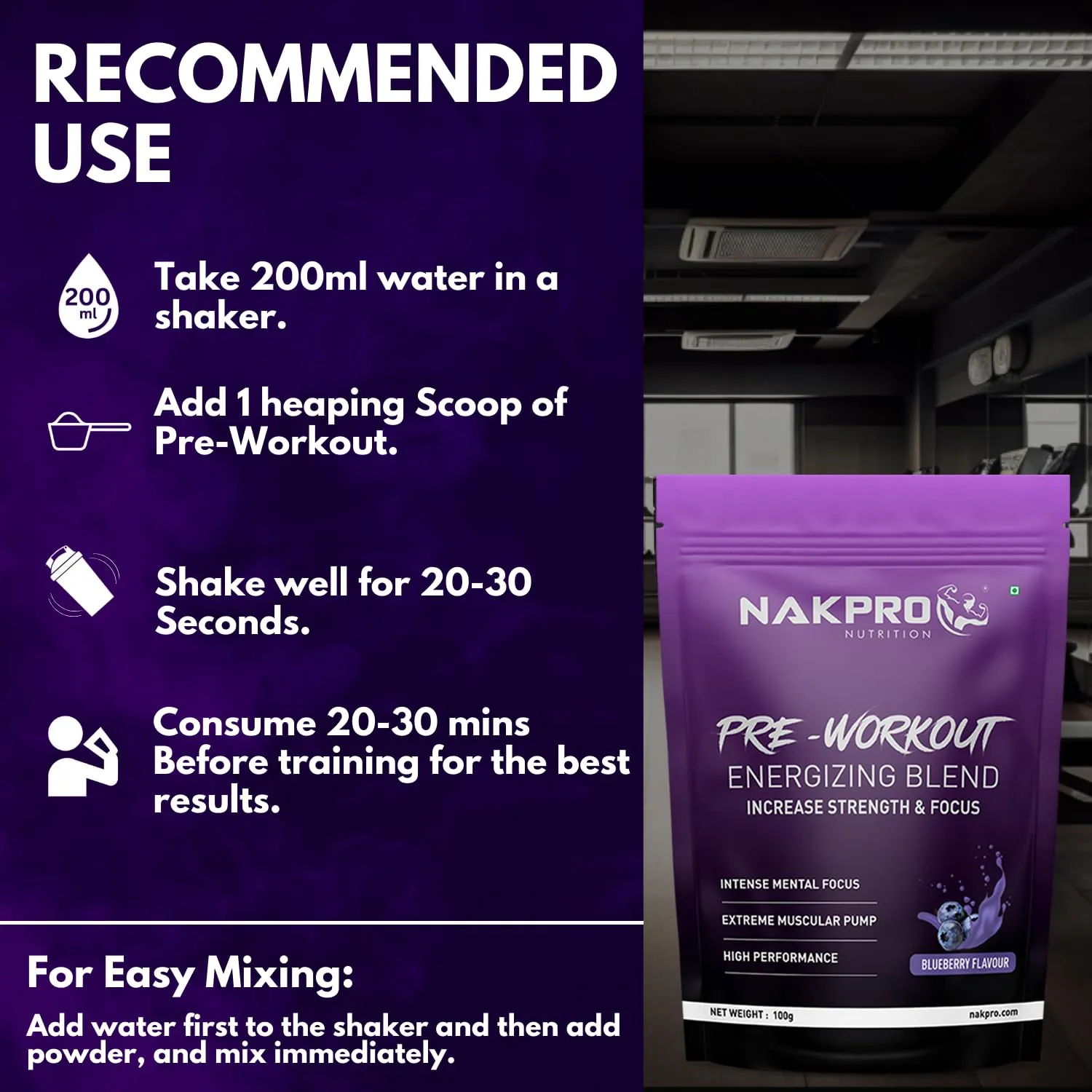 Nakpro Pre Workout Supplement (Blueberry, 100g Powder) with 100mg Caffeine, 1200mg Creatine Monohydrate and 1200mg Citrulline|Helps in Lean Muscle Building, Improves Workout Performance - 20 Servings