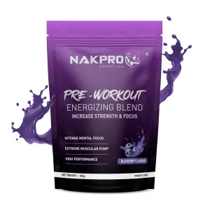 Nakpro Pre Workout Supplement (Blueberry, 100g Powder) with 100mg Caffeine, 1200mg Creatine Monohydrate and 1200mg Citrulline|Helps in Lean Muscle Building, Improves Workout Performance - 20 Servings