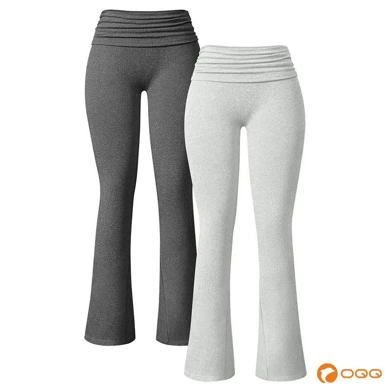 Oqq-Nine Cents Women'S 2 Piece Yoga Pants Ribbed Ruched Seamless Workout High Waist Flare Leggings Bottom