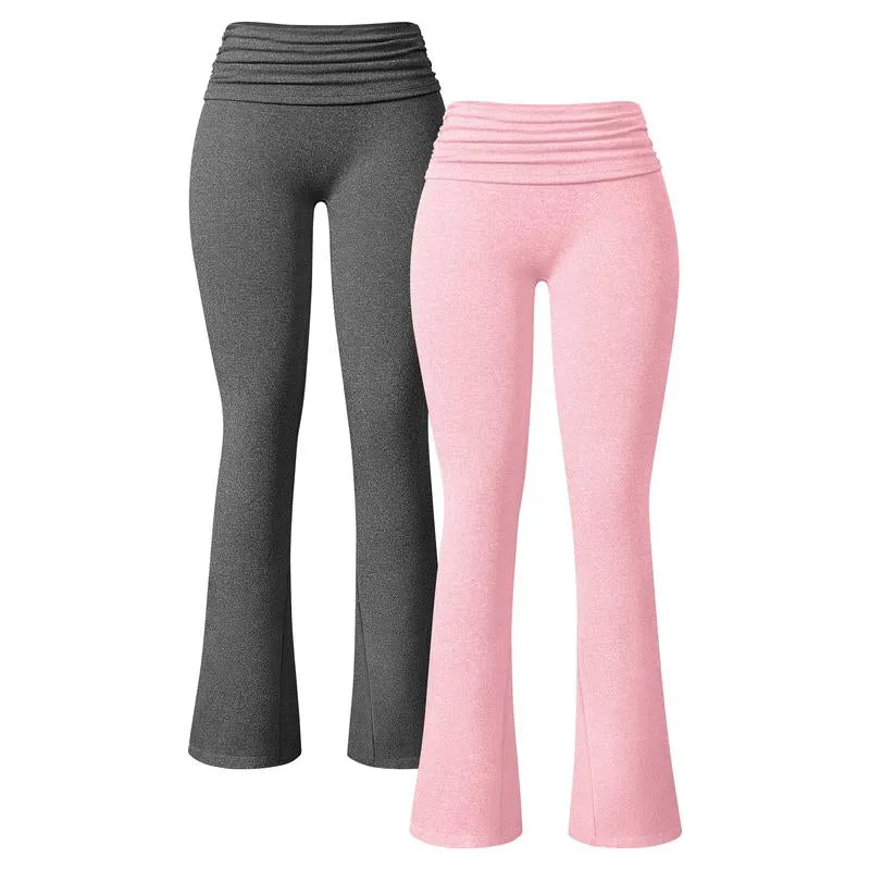 Oqq-Nine Cents Women'S 2 Piece Yoga Pants Ribbed Ruched Seamless Workout High Waist Flare Leggings Bottom