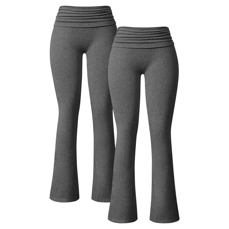 Oqq-Nine Cents Women'S 2 Piece Yoga Pants Ribbed Ruched Seamless Workout High Waist Flare Leggings Bottom