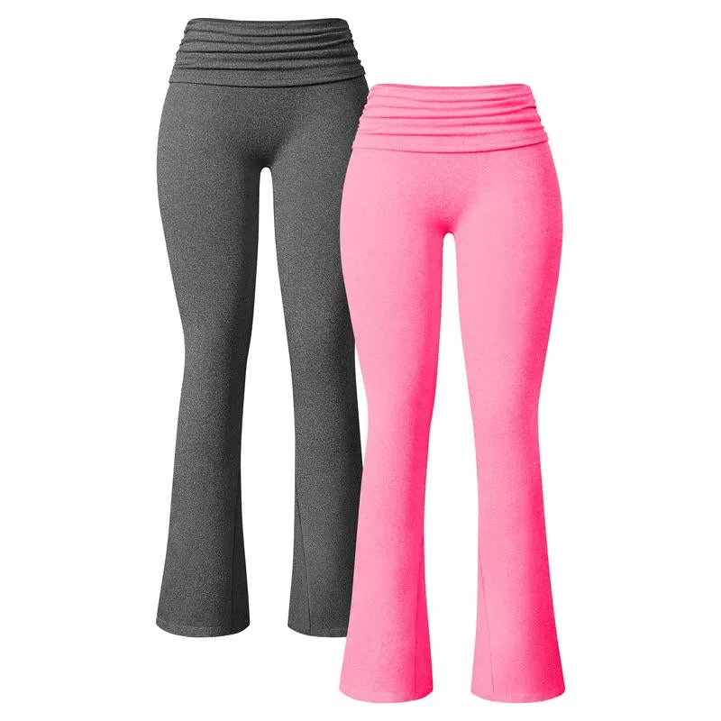 Oqq-Nine Cents Women'S 2 Piece Yoga Pants Ribbed Ruched Seamless Workout High Waist Flare Leggings Bottom