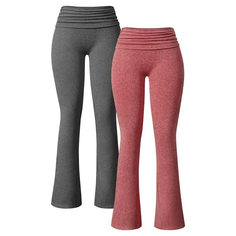 Oqq-Nine Cents Women'S 2 Piece Yoga Pants Ribbed Ruched Seamless Workout High Waist Flare Leggings Bottom