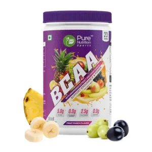 Pure Nutrition BCAA 2:1:1, Fruit Punch Flavor with L-Glutamine, Electrolytes, Grapeseed & Piperine, Sugar Free Amino Acid Supplement, Workout Muscle Recovery Drink for Muscle Growth, 250g, 23 Servings