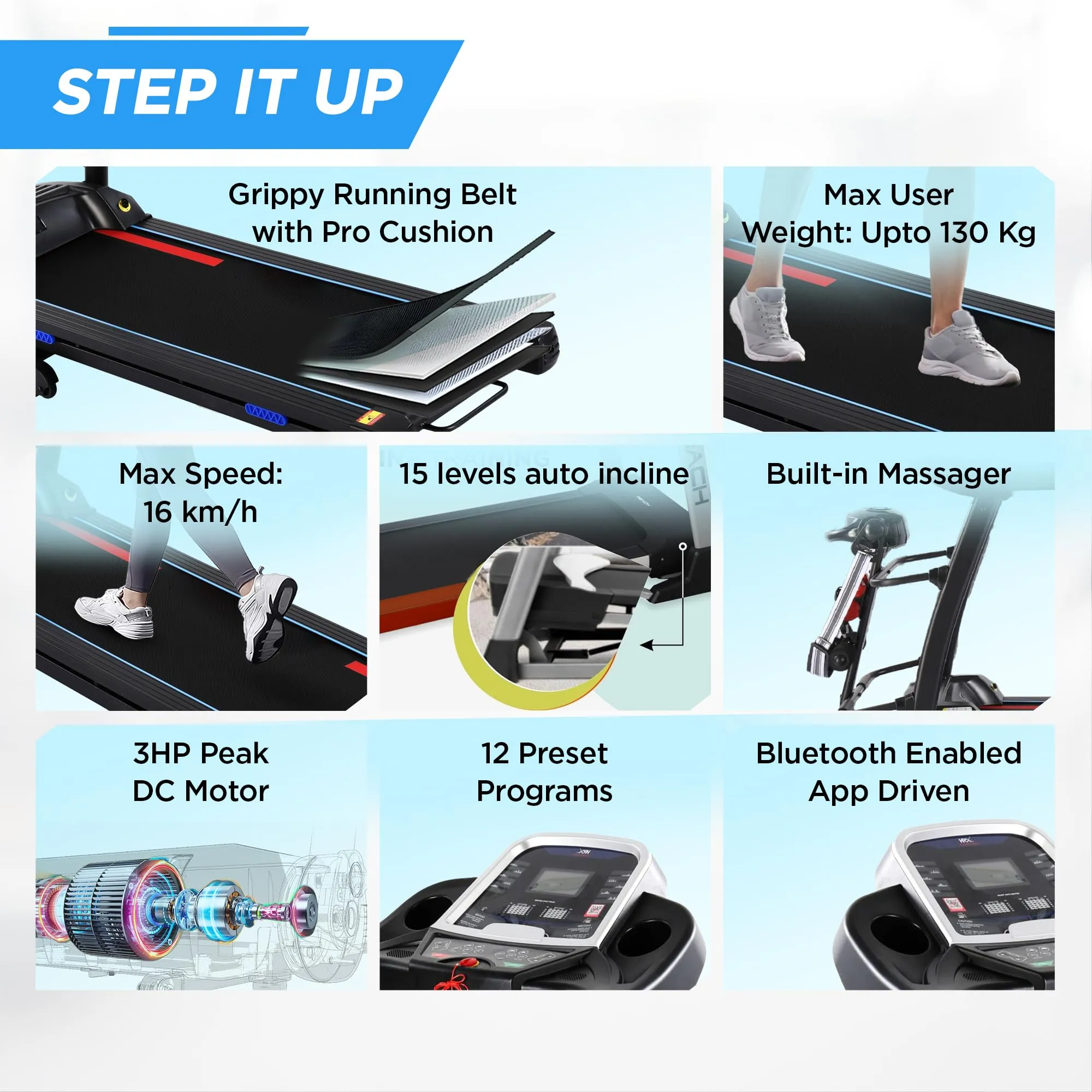 REACH Runner Pro 3HP Peak DC Motorized Foldable Treadmill   Massager & Twister | 15 Level Auto Incline | Max Speed 16 Km/H & User Wt. 130 Kg | Running Machine for Home Gym with LCD Display & Bluetooth