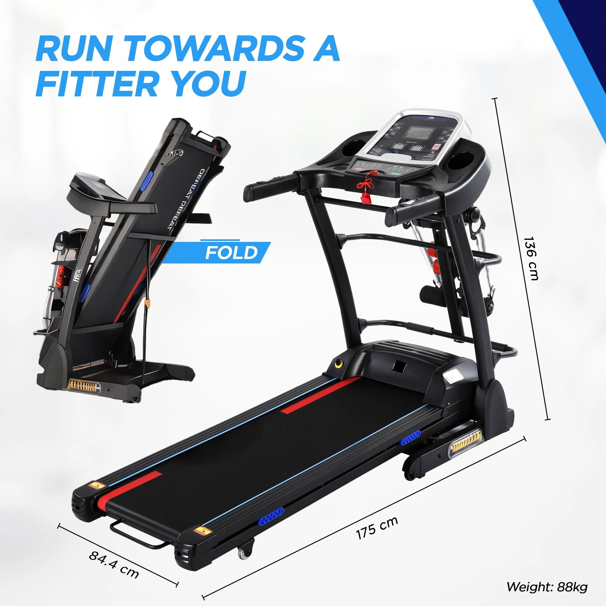 REACH Runner Pro 3HP Peak DC Motorized Foldable Treadmill   Massager & Twister | 15 Level Auto Incline | Max Speed 16 Km/H & User Wt. 130 Kg | Running Machine for Home Gym with LCD Display & Bluetooth