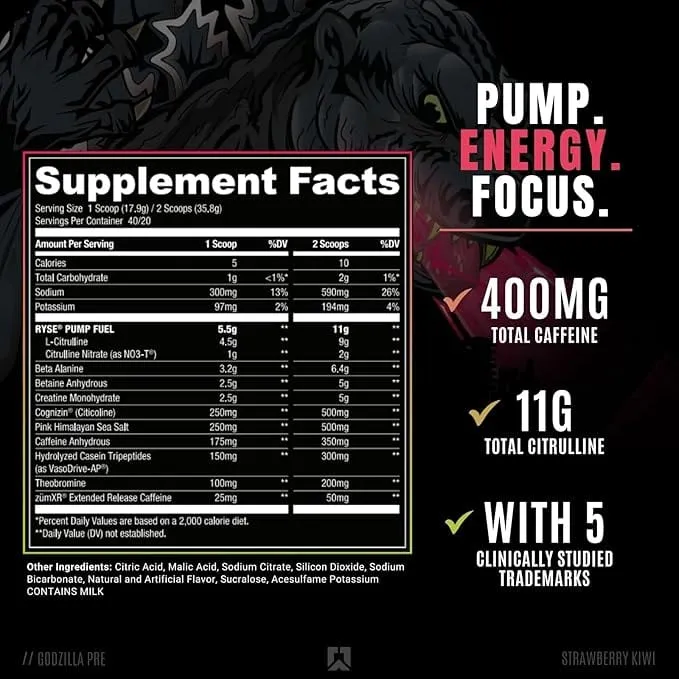 RYSE Godzilla Pre-Workout, Strawberry Kiwi - 716 grams