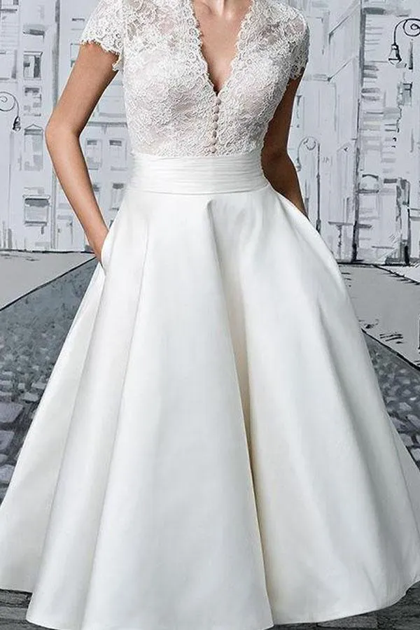 Short Wedding Dresses V-neck Lace Tea-length Ivory Simple Bridal Gown  WD422