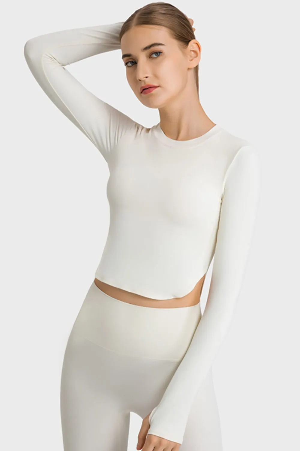 Side Slit Long Sleeve Round Neck Crop Top