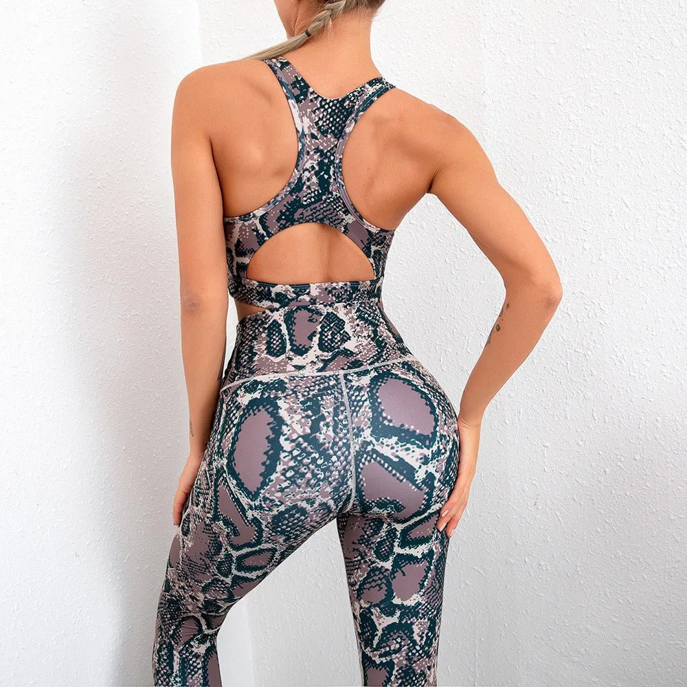 Snake Print High Waist Compression Workout Leggings and Bra Set - Yoga Clothing