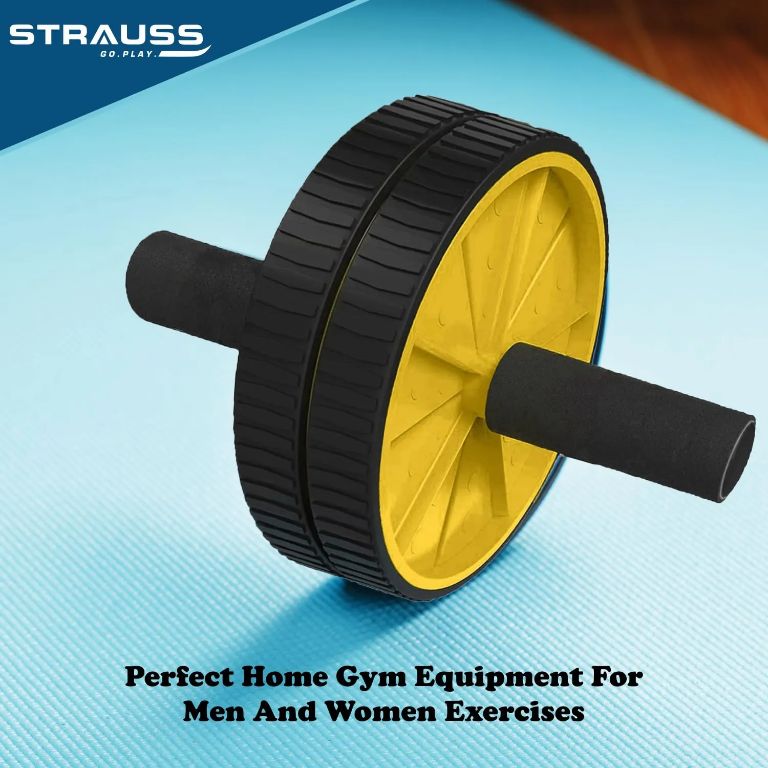 Strauss Double Wheel Ab & Exercise Roller | Anti-Skid Wheel Base, Non-Slip PVC Handles with Foam | Ideal for Home, Gym Workout for Abs, Tummy, (Yellow)