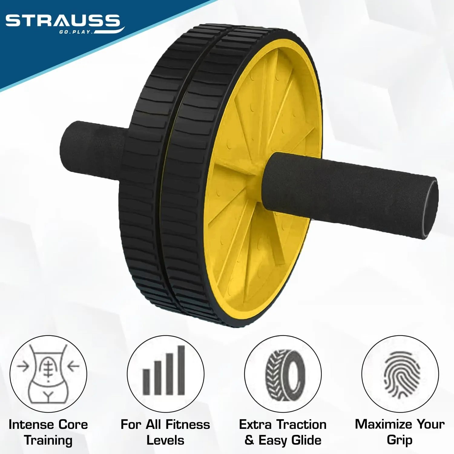 Strauss Double Wheel Ab & Exercise Roller | Anti-Skid Wheel Base, Non-Slip PVC Handles with Foam | Ideal for Home, Gym Workout for Abs, Tummy, (Yellow)