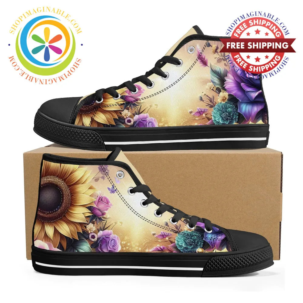 Sunflower Floral Ladies High Top Canvas Shoes