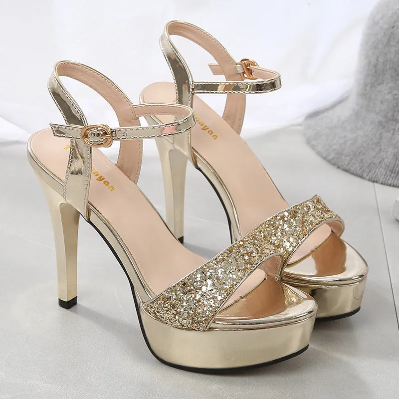 Thick Sole Buckle Strap Open Toe Pumps - Gold