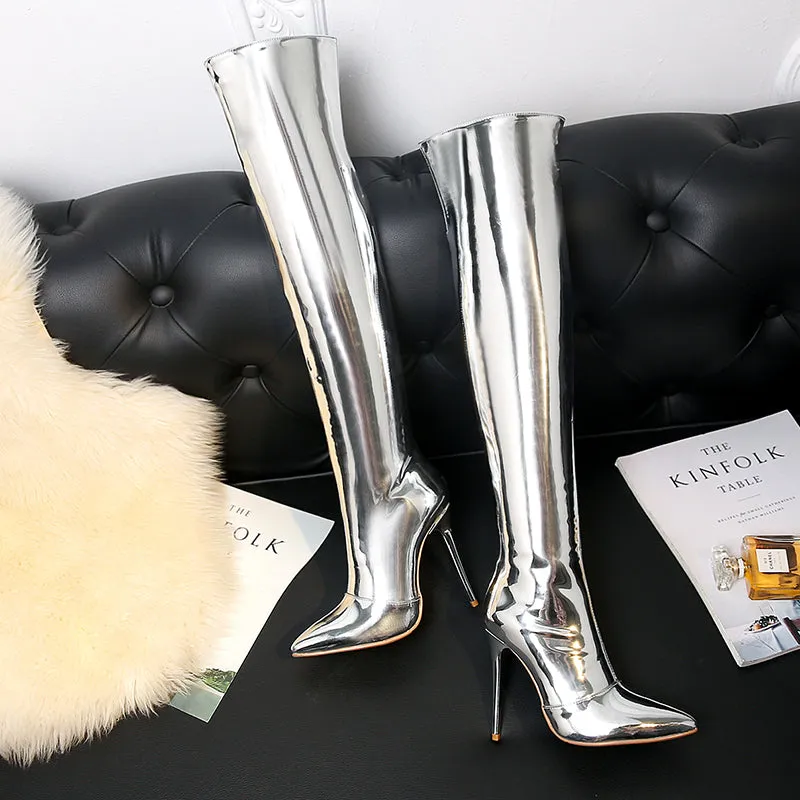 TinaCus Patent Leather Pointed Toe Stiletto Heel Plus-size Customized Circumference Over The Knee High Boots