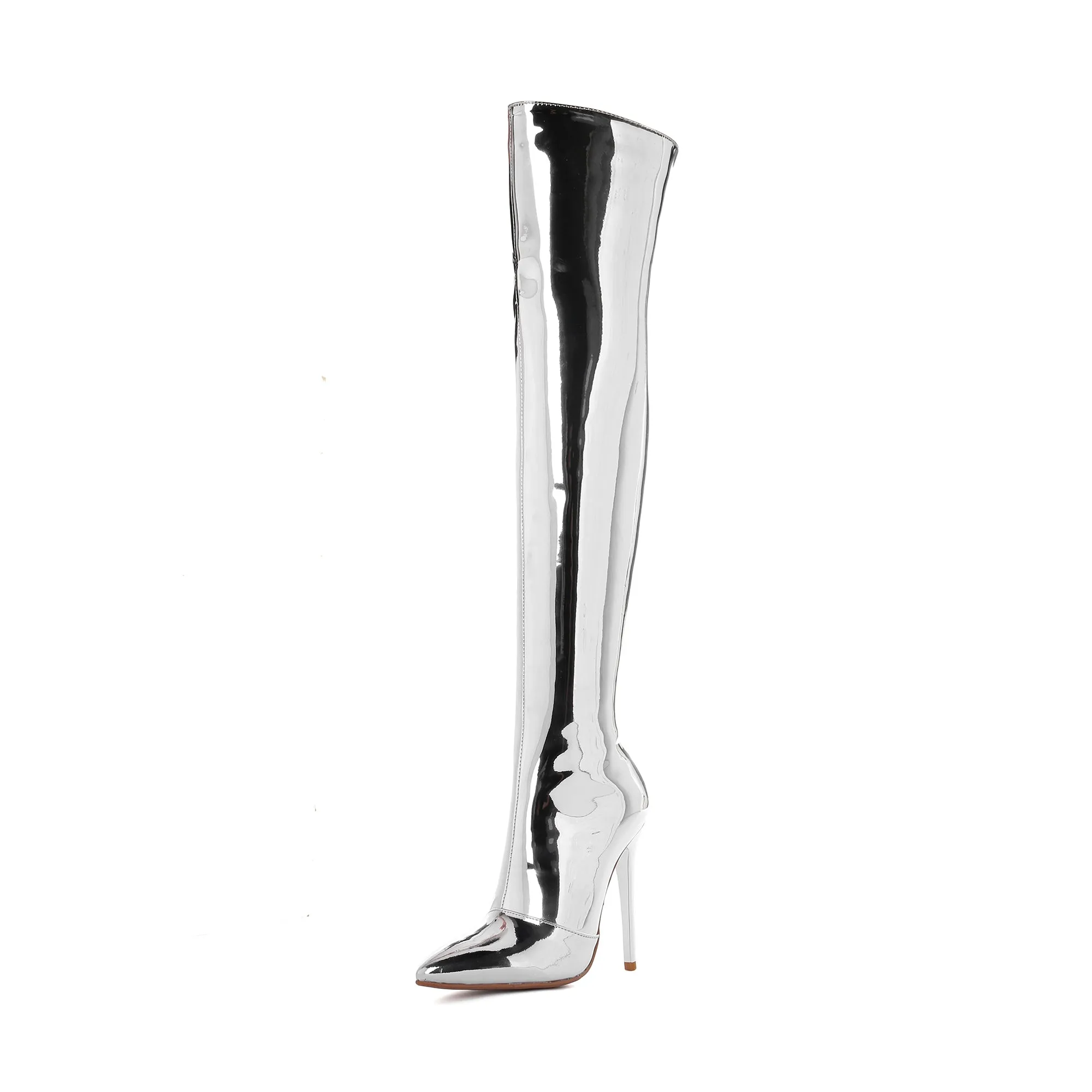 TinaCus Patent Leather Pointed Toe Stiletto Heel Plus-size Customized Circumference Over The Knee High Boots