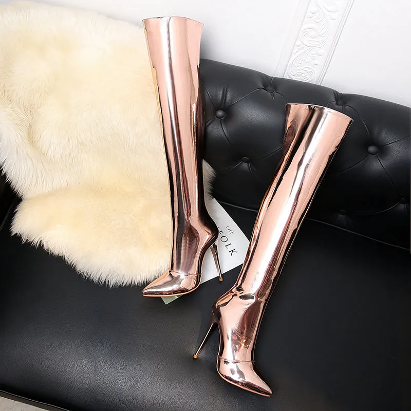 TinaCus Patent Leather Pointed Toe Stiletto Heel Plus-size Customized Circumference Over The Knee High Boots