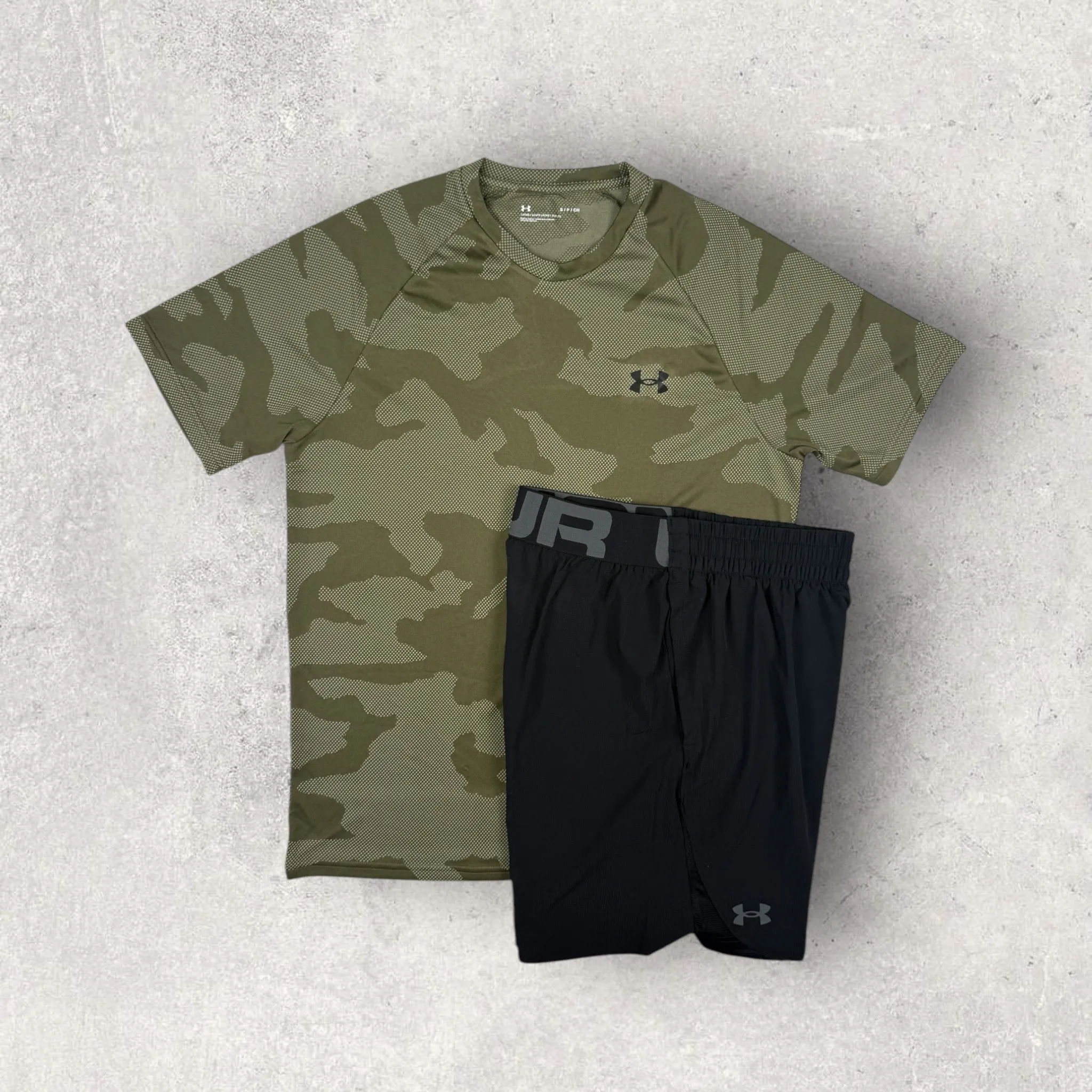 UNDER ARMOUR JACQUARD T-SHIRT/SHORT SET - KHAKI/BLACK